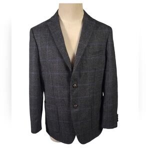 Austin Reed 42R Prince of Wales Check 100% Wool Suit Jacket Grey Blue Two Button